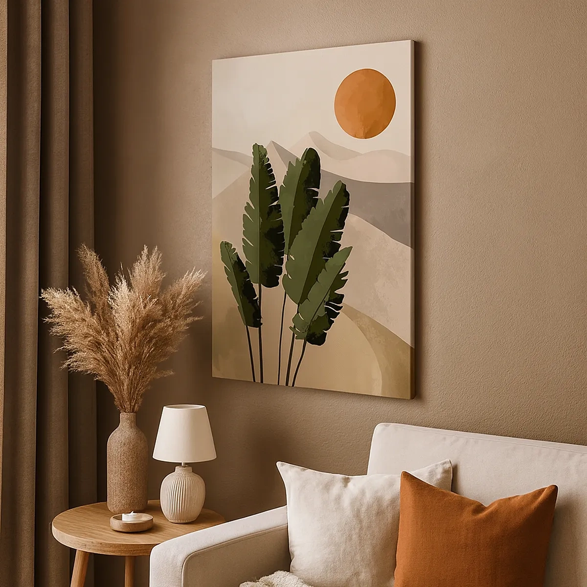 Obraz na płótnie - Palmy na tle pustynnych gór i zachodzącego słońca w ciepłych barwach - 50x70cm - Triumf życia - Nowoczesna dekoracja ścienna do salonu, kuchni i sypialni ARTTOR