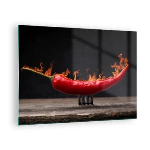 Obraz na szkle - Płonąca czerwona papryczka chili na czarnym tle - 70x50cm - Ognista zakąska - Nowoczesna dekoracja ścienna do salonu i sypialni ARTTOR