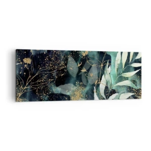 Obraz na płótnie - Eleganckie liście na ciemnym tle z złotymi akcentami - 140x50cm - Zaczarowany ogród - Nowoczesna dekoracja ścienna do salonu i sypialni ARTTOR
