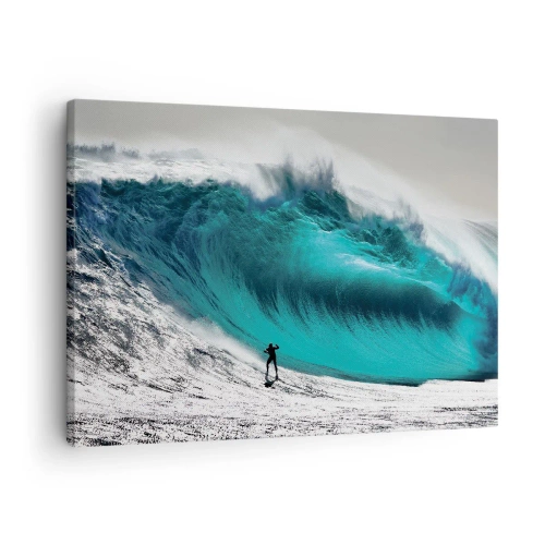 Obraz na płótnie - Surfer przed ogromną falą - 70x50cm - Wyzwanie przyjęte - Nowoczesna dekoracja ścienna do salonu i sypialni ARTTOR