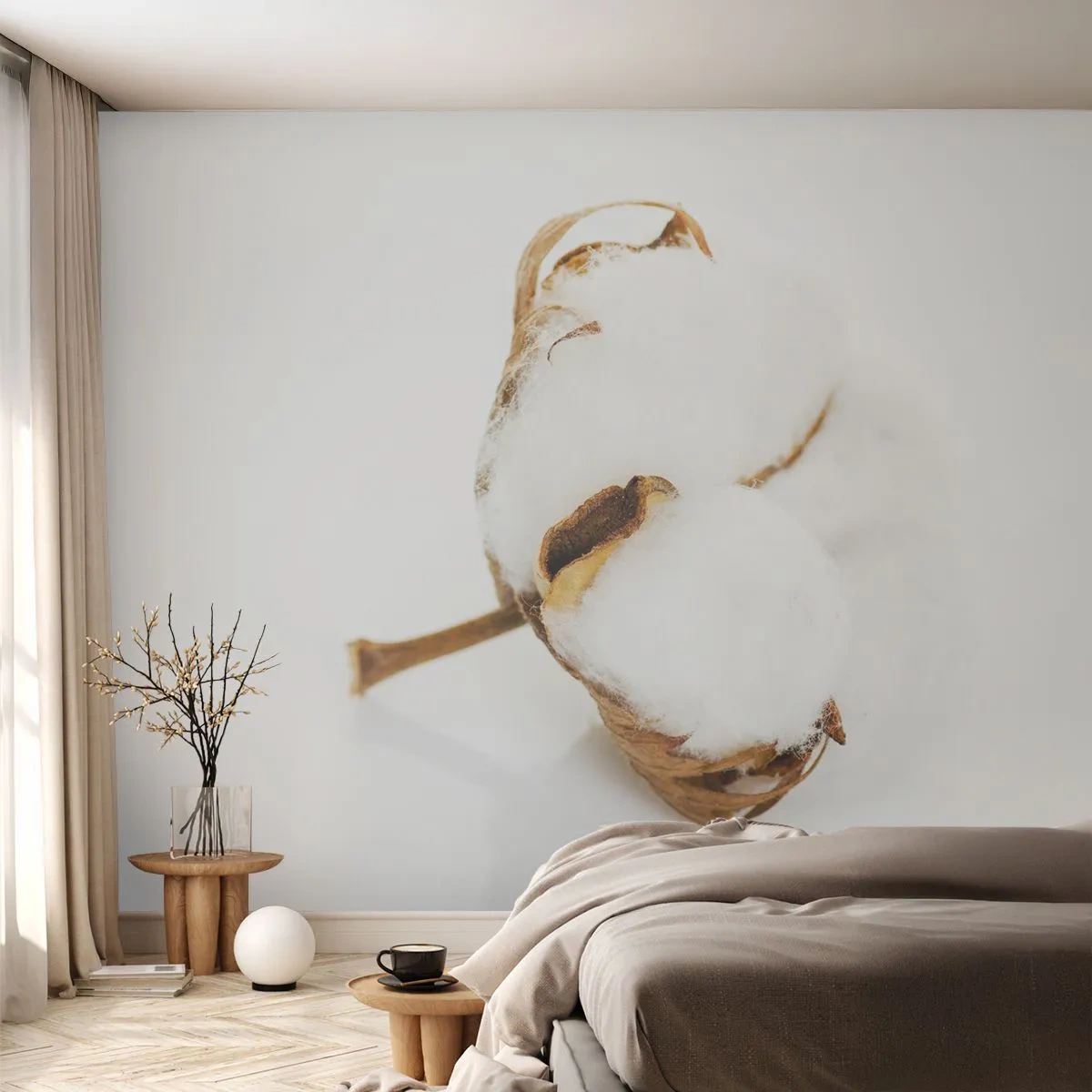 Fototapeta Premium Sand - Delikatna gałązka bawełny na białym tle - 100x70cm - Miękka z natury - Nowoczesna dekoracja ścienna do salonu, kuchni i sypialni ARTTOR