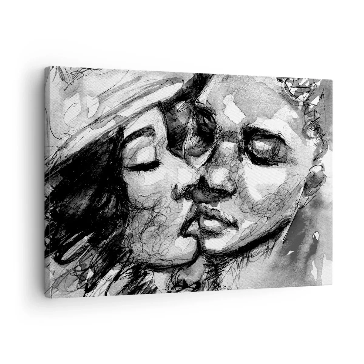 Obraz na płótnie - Czarno-biała akwarela przedstawiająca intymny moment dwóch osób - 70x50cm - Czuła chwila - Nowoczesna dekoracja ścienna do salonu i sypialni ARTTOR