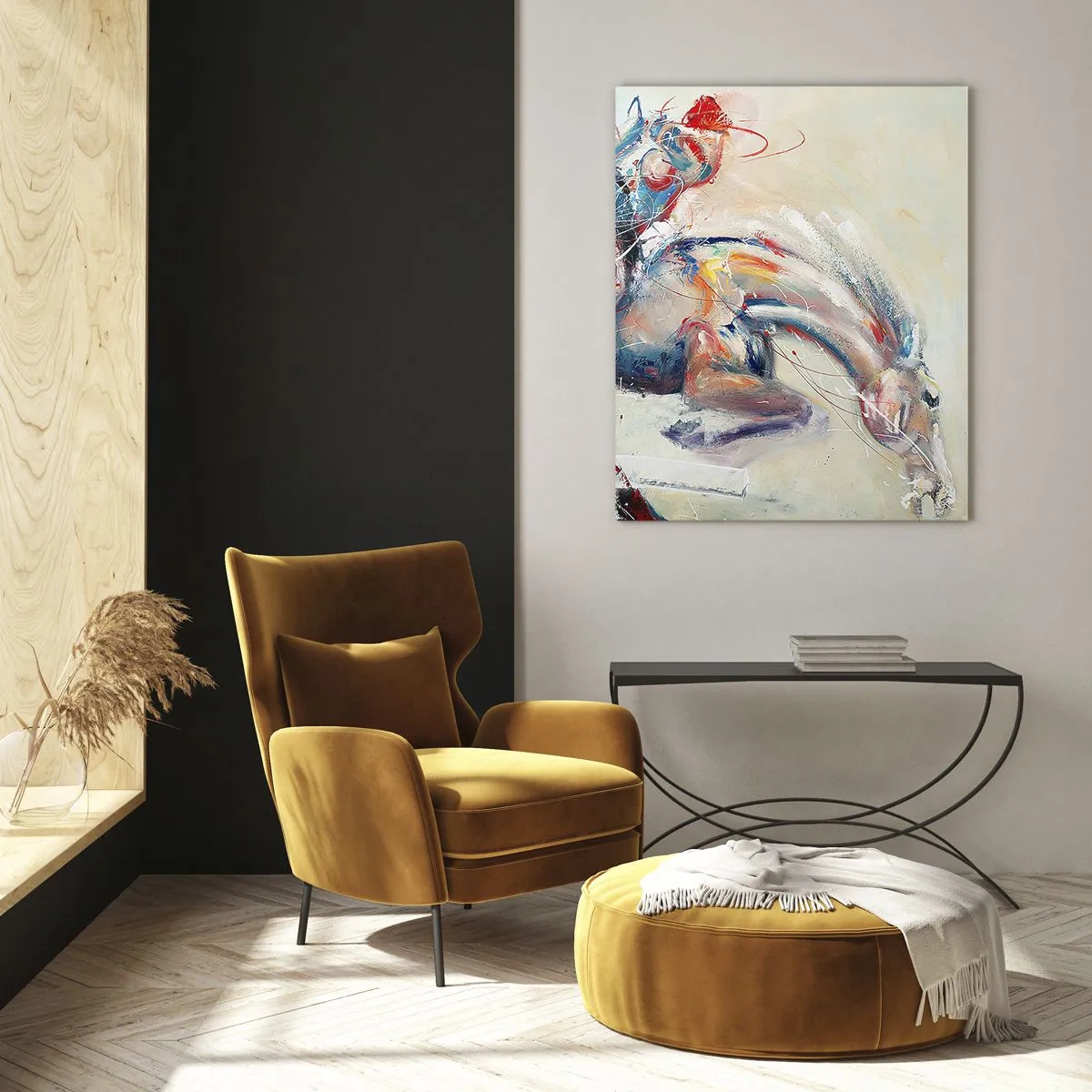 Obraz na szkle - Abstrakcyjny obraz konia w dynamicznym ruchu - 50x70cm - Trzymaj się, lecimy - Nowoczesna dekoracja ścienna do salonu, kuchni i sypialni ARTTOR