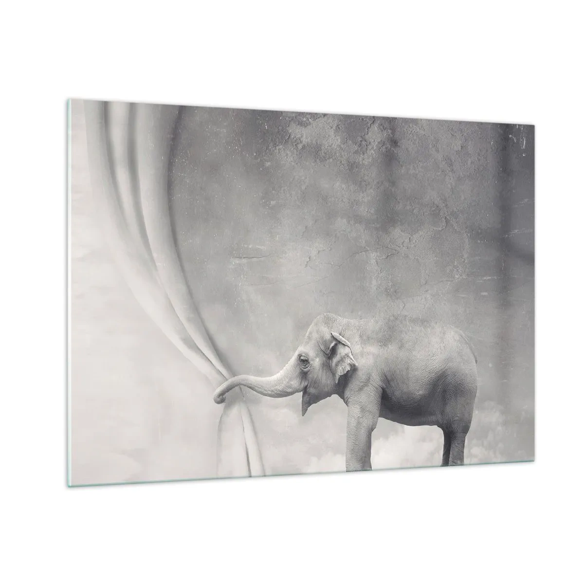 Obraz na szkle - Słoń w surrealistycznej scenerii z zasłoną - 100x70cm - Odsłonić tajemnicę - Nowoczesna dekoracja ścienna do salonu, kuchni i sypialni ARTTOR