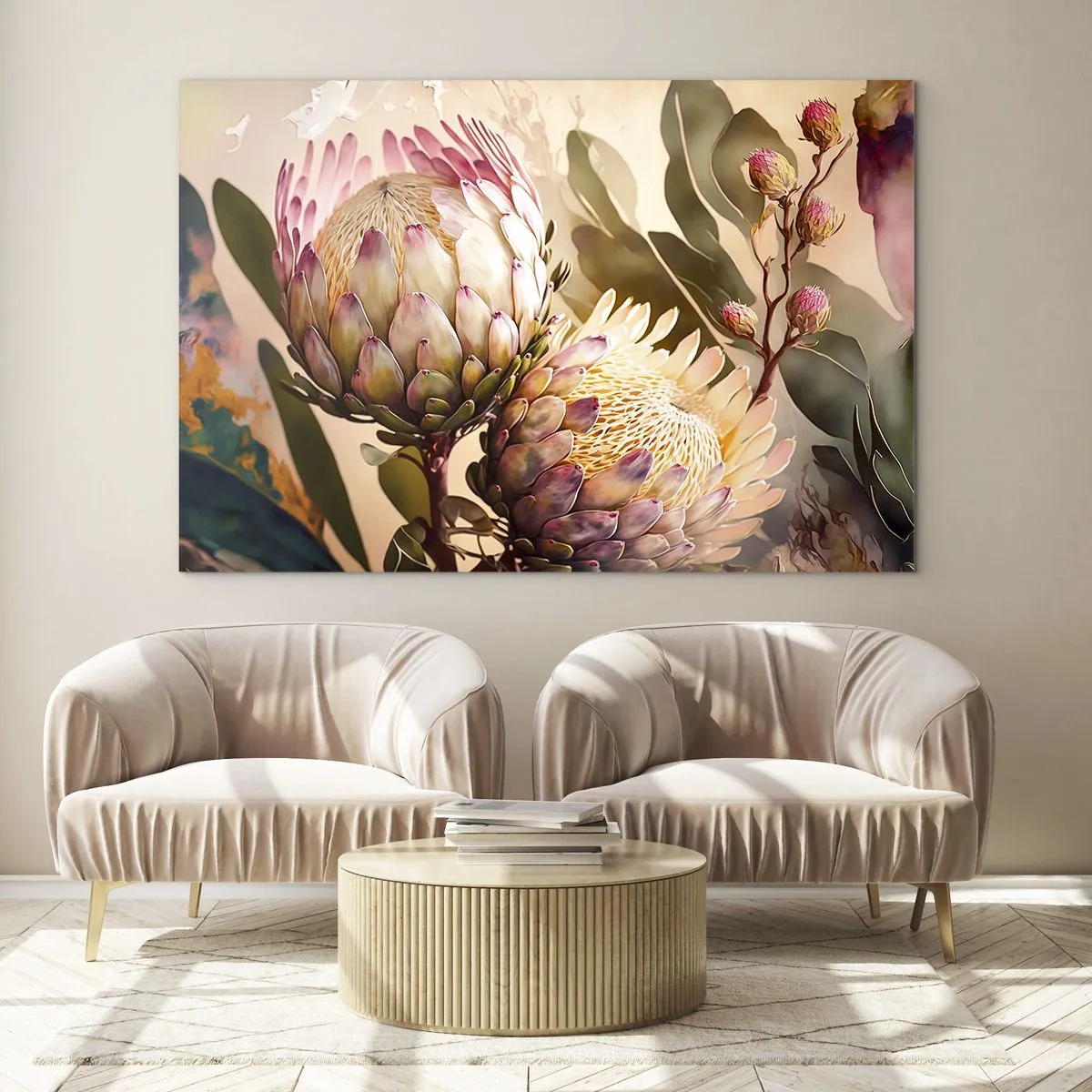 Obraz na szkle - Kwiaty protei w ciepłej tonacji i miękkim świetle - 70x50cm - Czule objęte - Nowoczesna dekoracja ścienna do salonu i sypialni ARTTOR