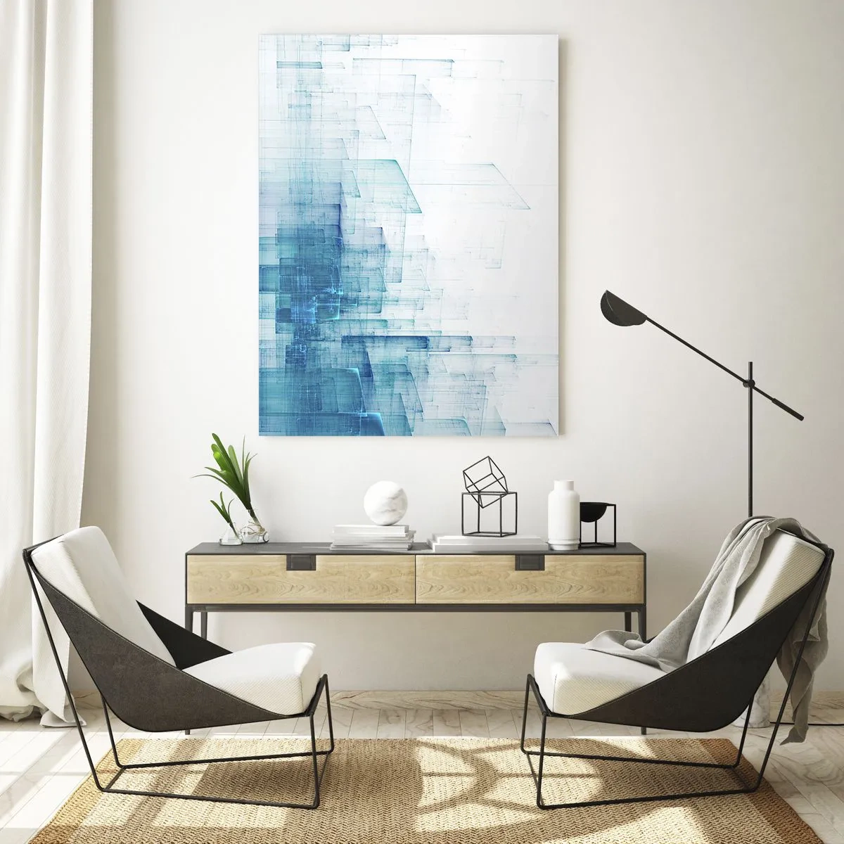 Obraz na szkle - Abstrakcyjna kompozycja geometryczna w odcieniach błękitu - 50x70cm - Jak stała się przestrzeń - Nowoczesna dekoracja ścienna do salonu, kuchni i sypialni ARTTOR