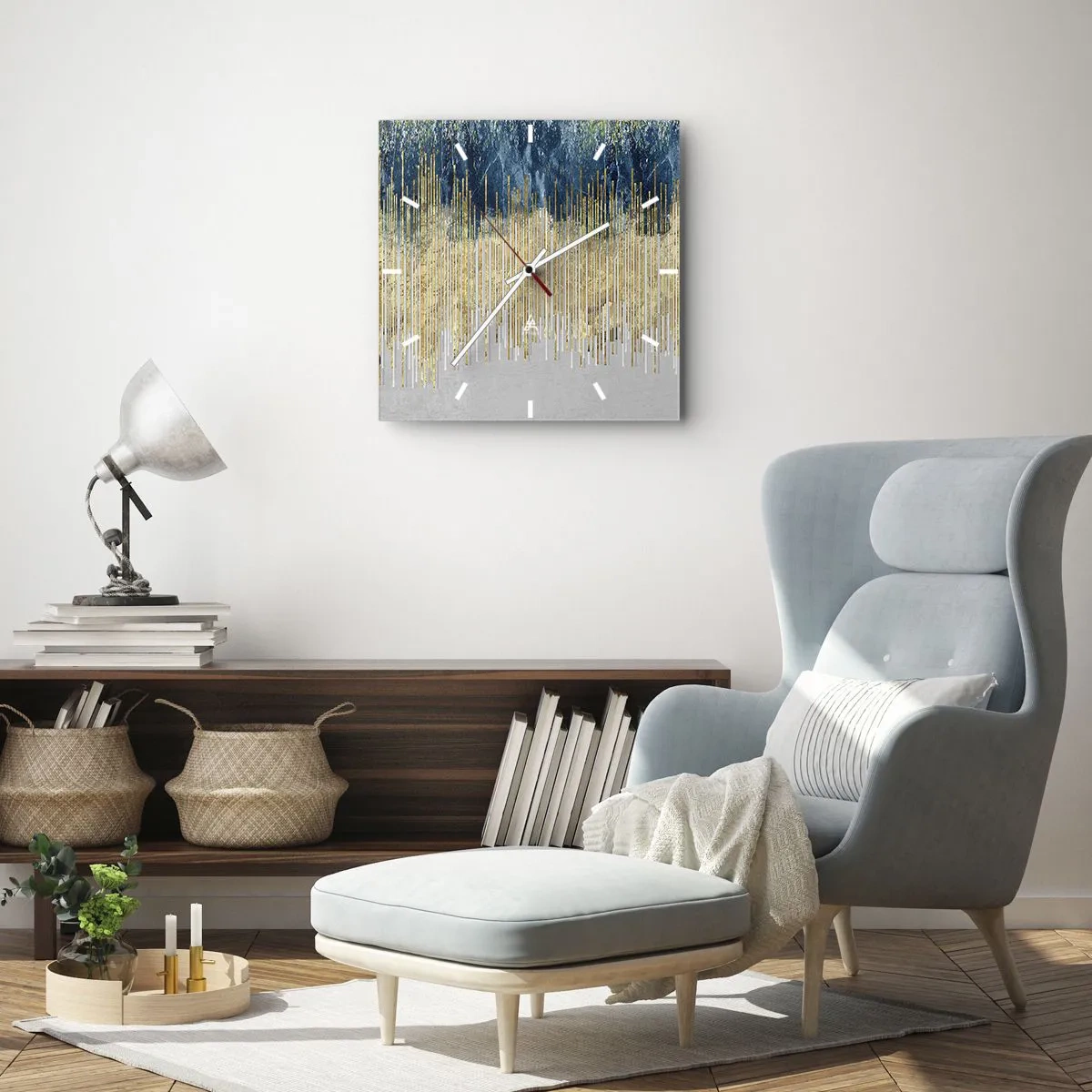 Zegar ścienny - Złote linie na tle granatowej i szarej abstrakcji - 30x30cm - Wyzłocona granica - Nowoczesna dekoracja ścienna do salonu i sypialni ARTTOR