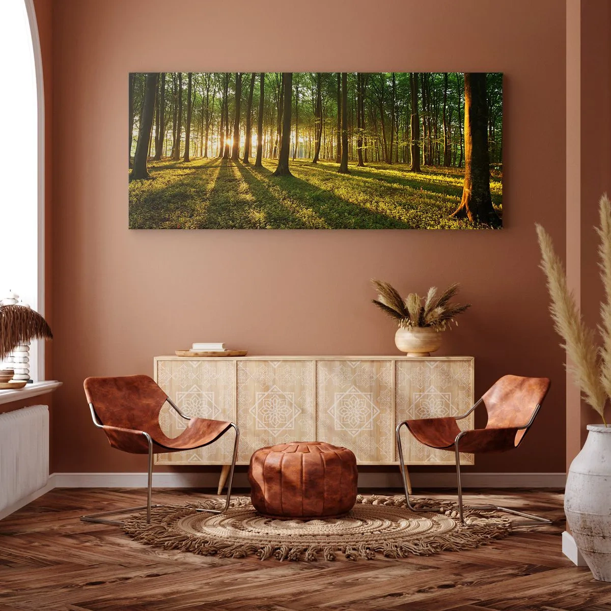 Obraz na płótnie - Zachodzące słońce w lesie liściastym - 120x50cm - Fotografia wszystkich wiosen - Nowoczesna dekoracja ścienna do salonu i sypialni ARTTOR