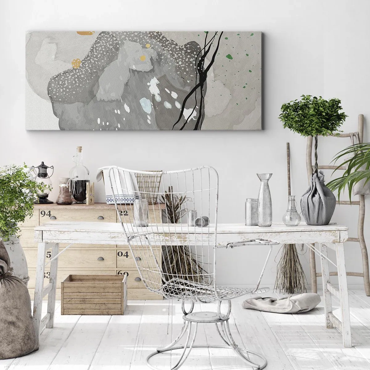 Obraz na płótnie - Organiczne kształty w szarościach z akcentami czerni i złota - 160x50cm - Kompozycja organiczna - Nowoczesna dekoracja ścienna do salonu i sypialni ARTTOR