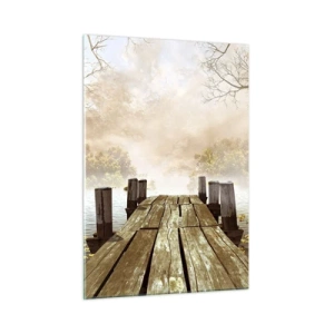Obraz na szkle - Drewniany pomost nad spokojnym jeziorem we mgle - 50x70cm - Łagodny smutek jesieni - Nowoczesna dekoracja ścienna do salonu, kuchni i sypialni ARTTOR