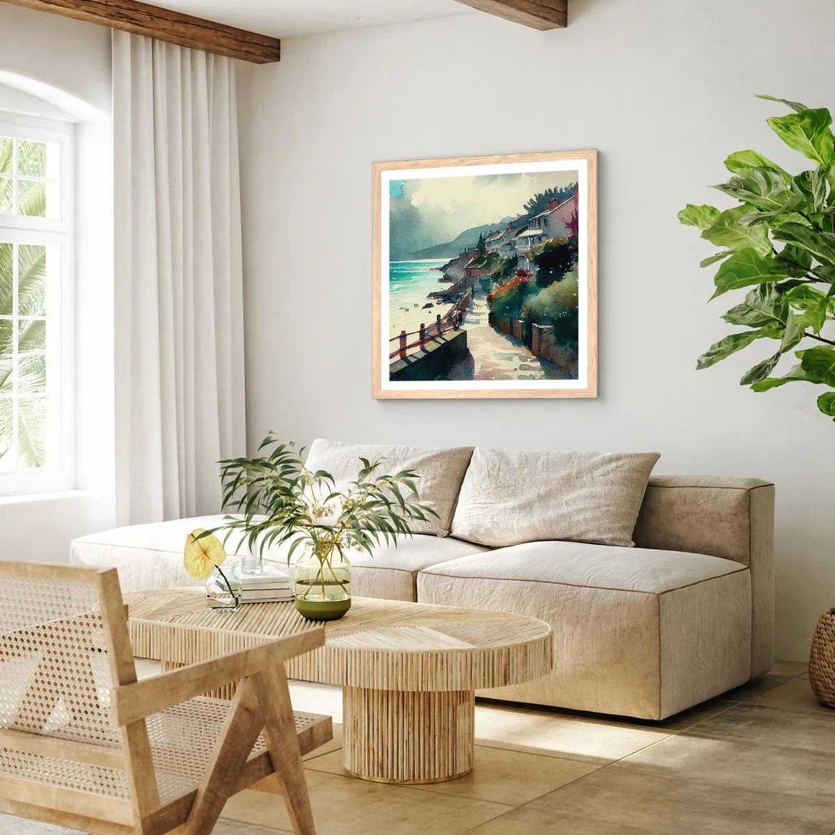 Plakat w ramie jasny dąb - Śródziemnomorskie miasteczko - 30x30 cm