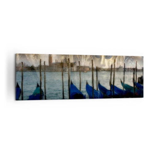 Obraz na płótnie - Weneckie maski karnawałowe i gondole na tle miasta i wody - 160x50cm - Karnawał czas zacząć - Nowoczesna dekoracja ścienna do salonu i sypialni ARTTOR