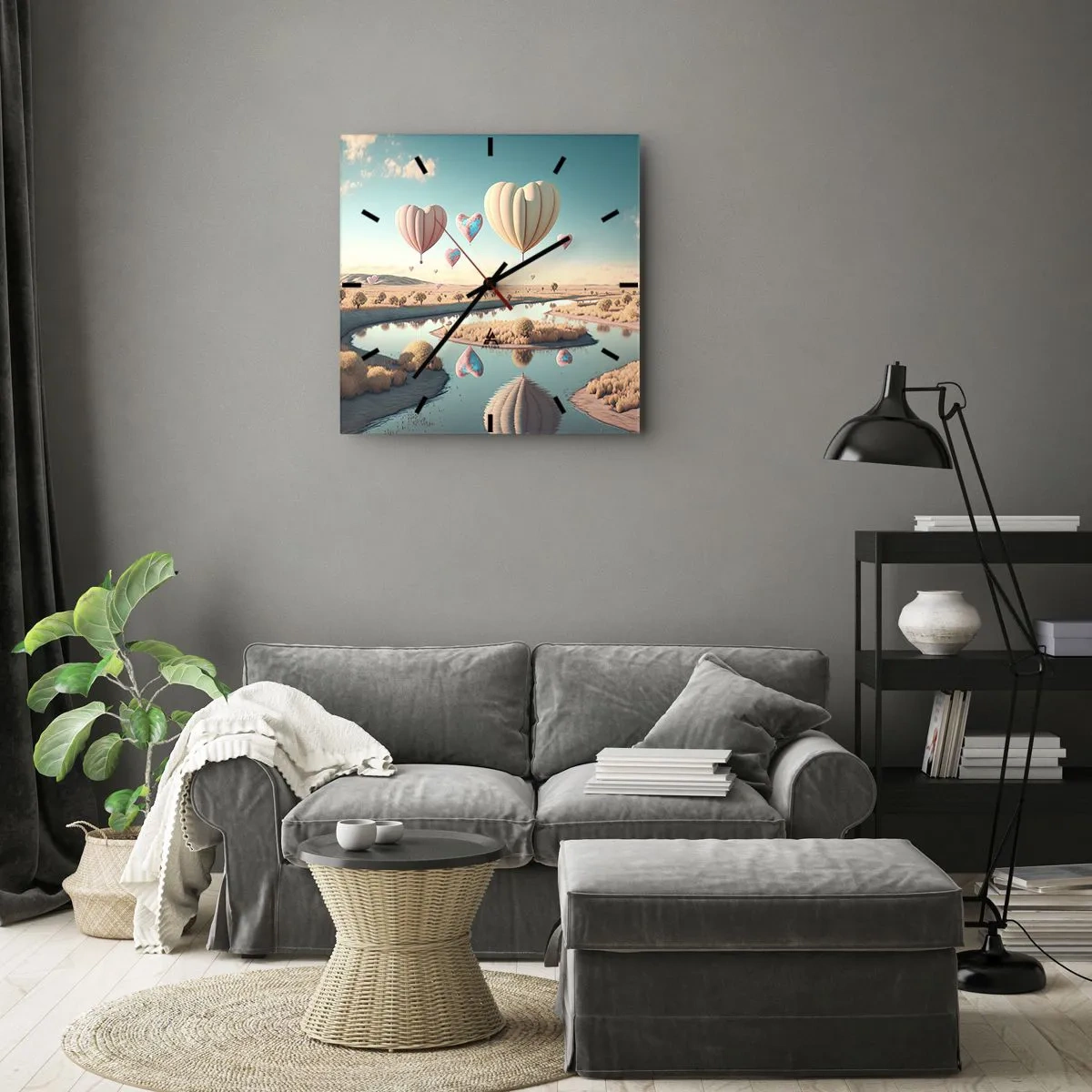 Zegar ścienny - Balony w kształcie serc unoszące się nad krajobrazem - 30x30cm - Miłość pozwala wznieść się - Nowoczesna dekoracja ścienna do salonu i sypialni ARTTOR