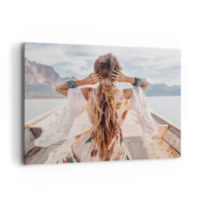 Obraz na płótnie - Kobieta na łodzi z widokiem na góry i wodę, w stylu boho - 100x70cm - W drodze ku szczęściu - Nowoczesna dekoracja ścienna do salonu, kuchni i sypialni ARTTOR
