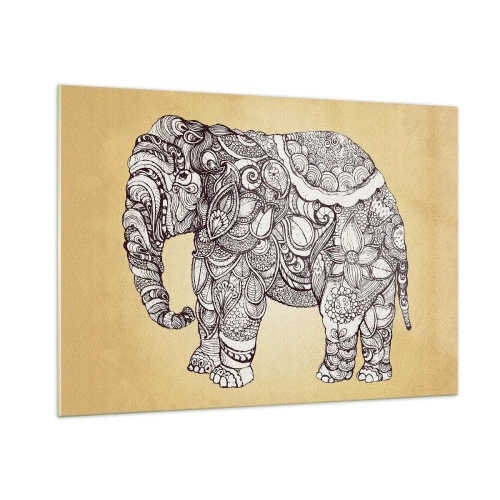 Obraz na szkle - Czarno-biały słoń w orientalne wzory na beżowym tle - 100x70cm - Słoń się zasłonił - Nowoczesna dekoracja ścienna do salonu, kuchni i sypialni ARTTOR
