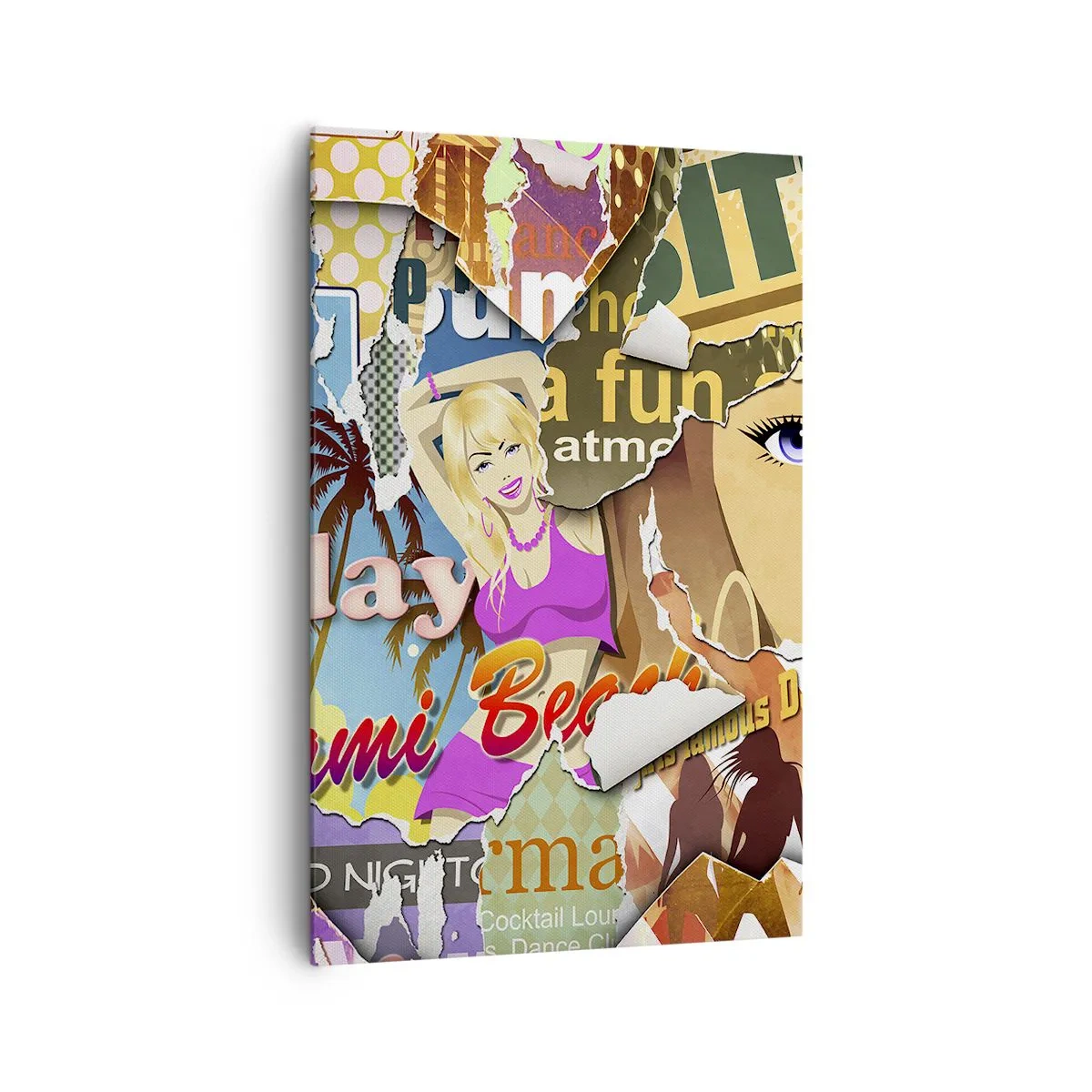 Obraz na płótnie - Kolorowy kolaż z elementami retro i pop-art - 80x120cm - Wakacyjne retrospekcje - Nowoczesna dekoracja ścienna do salonu i sypialni ARTTOR