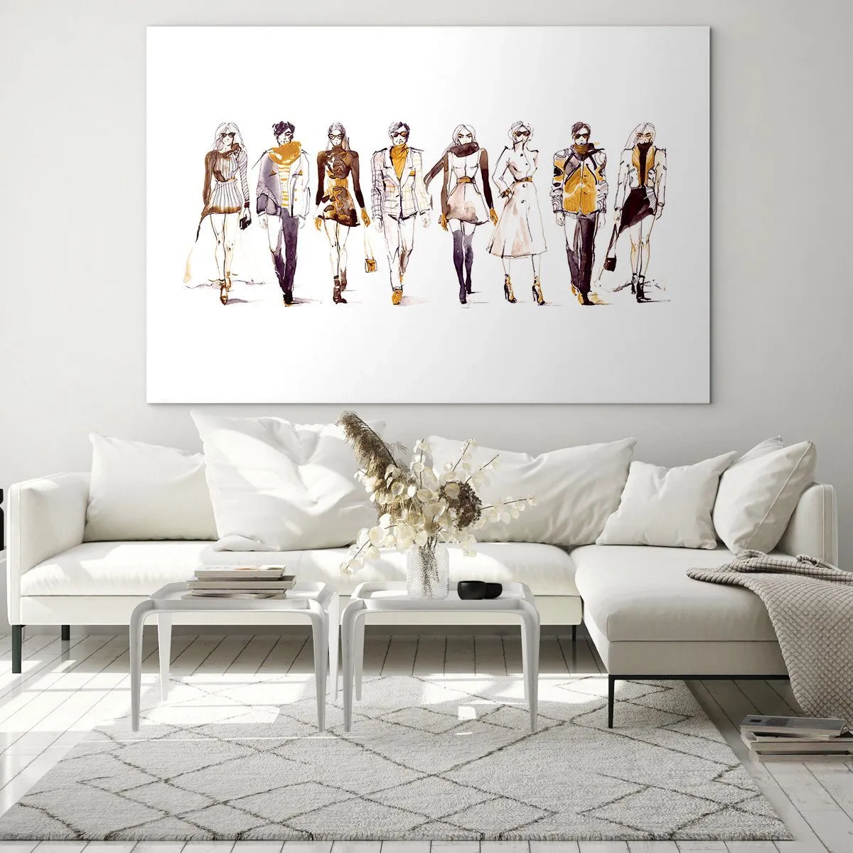 Obraz na szkle - Grupa modnych postaci w stylu szkicowym na białym tle - 100x70cm - Niewymuszony szyk, swobodna elegancja - Nowoczesna dekoracja ścienna do salonu, kuchni i sypialni ARTTOR