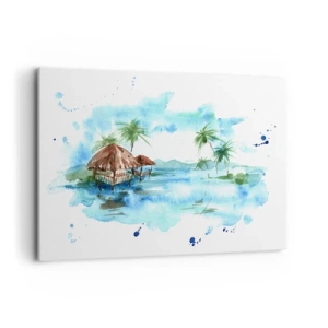 Obraz na płótnie - Akwarela tropikalnego krajobrazu z domkami i palmami - 100x70cm - Gdzieś na Pacyfiku - Nowoczesna dekoracja ścienna do salonu, kuchni i sypialni ARTTOR