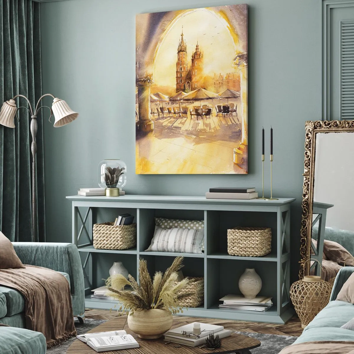 Obraz na płótnie - Akwarelowy widok na krakowski rynek o wschodzie słońca z perspektywy Sukiennic - 50x70cm - Wschód nad krakowskim rynkiem - Nowoczesna dekoracja ścienna do salonu, kuchni i sypialni ARTTOR