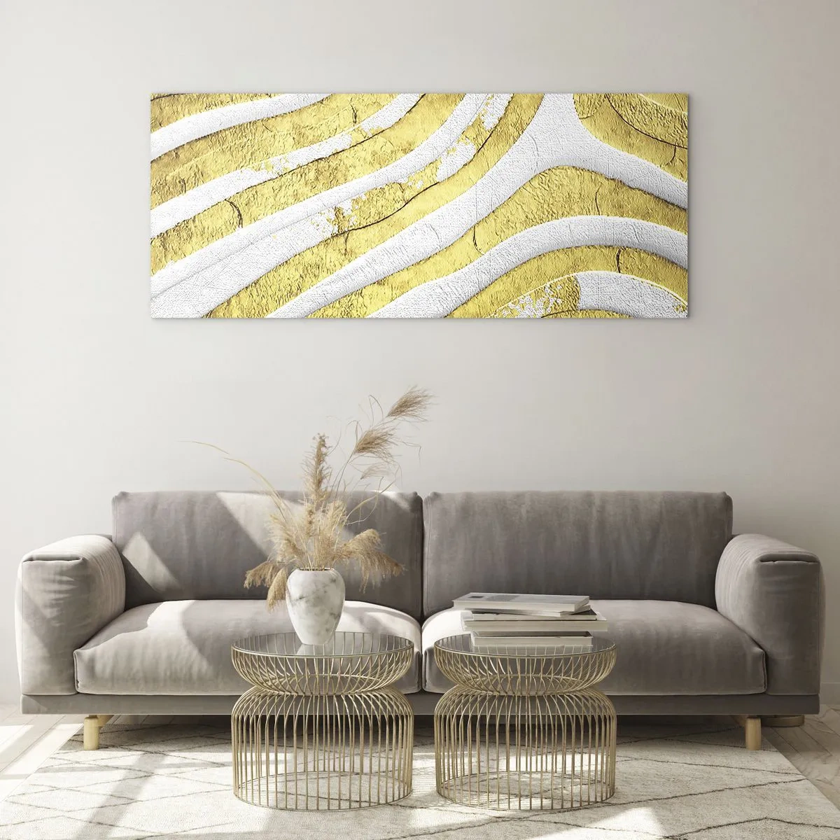 Obraz na szkle - Złote i białe abstrakcyjne linie w fakturze 3D - 120x50cm - Kompozycja w bieli i złocie - Nowoczesna dekoracja ścienna do salonu i sypialni ARTTOR