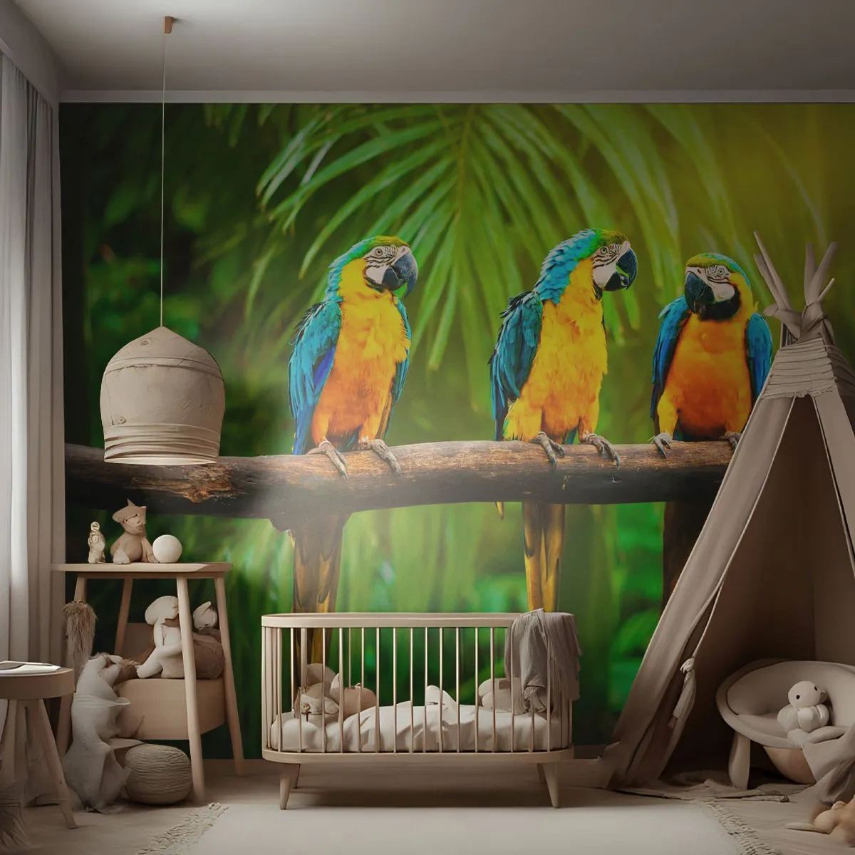 Fototapeta Premium Sand - Trzy kolorowe papugi ary na gałęzi w tropikalnym lesie - 100x70cm - A słyszałaś, że ona…? - Nowoczesna dekoracja ścienna do salonu, kuchni i sypialni ARTTOR