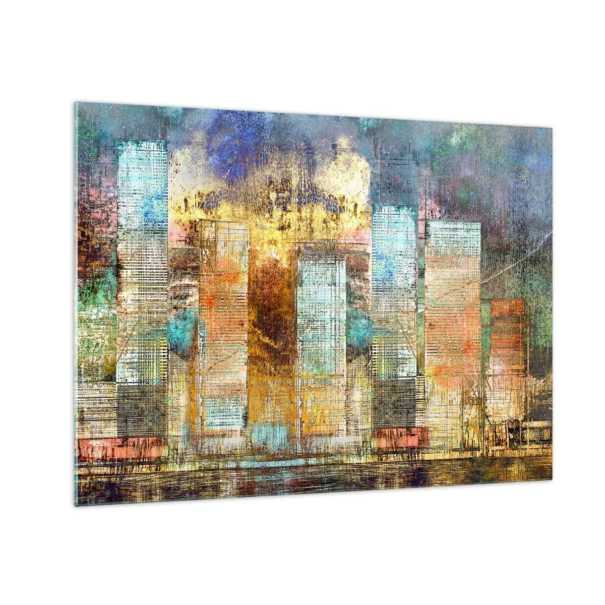 Obraz na szkle - Kolorowa abstrakcyjna panorama miejskich wieżowców w stylu artystycznym - 70x50cm - Słoneczna metropolia - Nowoczesna dekoracja ścienna do salonu i sypialni ARTTOR