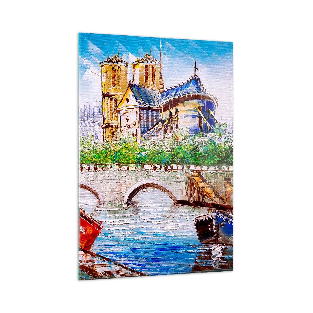 Obraz na szkle - Most i łodzie na tle zabytkowej katedry - 50x70cm - Ich czas nigdy nie mija - Nowoczesna dekoracja ścienna do salonu, kuchni i sypialni ARTTOR