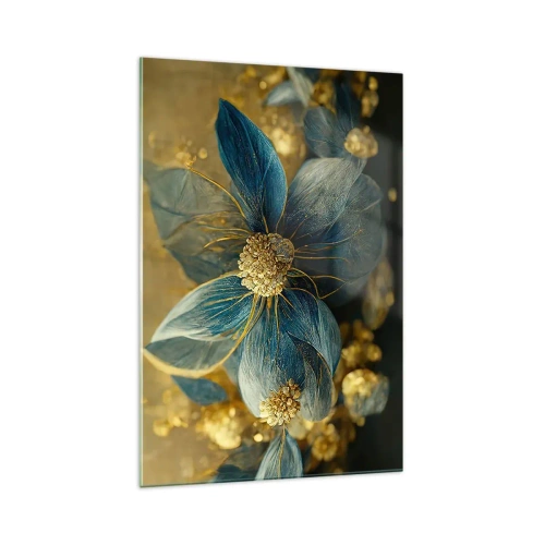 Obraz na szkle - Eleganckie kwiaty w odcieniach niebieskiego i złota - 70x100cm - Zakwitnąć złotem - Nowoczesna dekoracja ścienna do salonu i sypialni ARTTOR