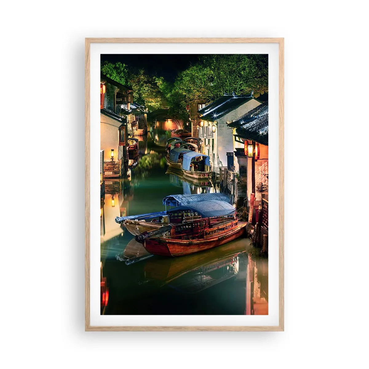 Plakat w ramie jasny dąb - Wieczór na chińskiej ulicy - 61x91 cm