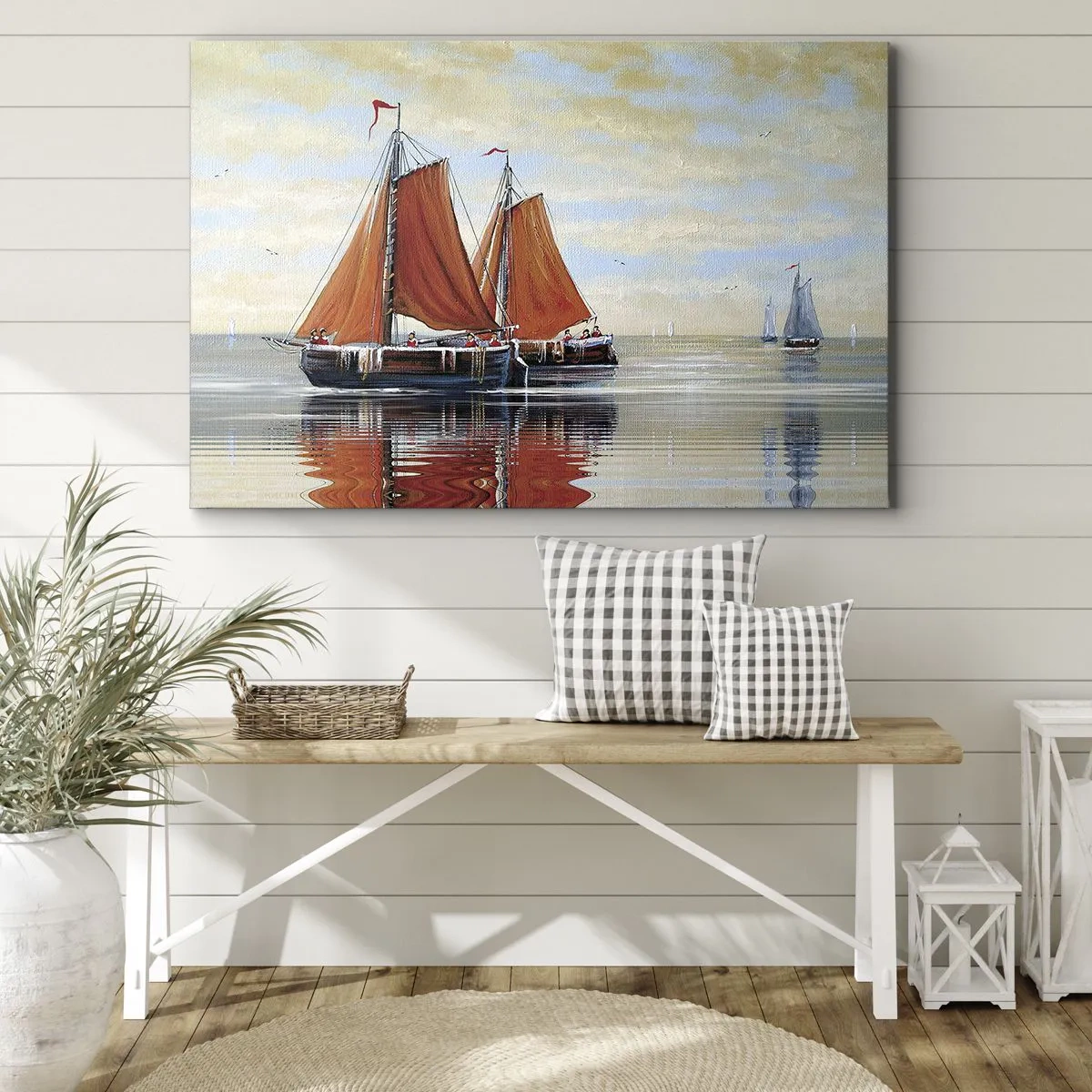 Obraz na płótnie - Dwumasztowe żaglówki na spokojnej wodzie - 70x50cm - Hej, żeglujże, żeglarzu… - Nowoczesna dekoracja ścienna do salonu i sypialni ARTTOR