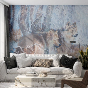 Fototapeta Standard Eco - Wilki w zimowym lesie otoczone śniegiem - 100x70cm - Uwaga! Nadchodzi… - Nowoczesna dekoracja ścienna do salonu i sypialni ARTTOR