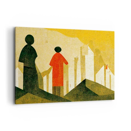 Obraz na płótnie - Geometryczne sylwetki w kolorze czerwieni i zieleni na żółtym tle - 120x80cm - Jeszcze daleka droga - Nowoczesna dekoracja ścienna do salonu, kuchni i sypialni ARTTOR