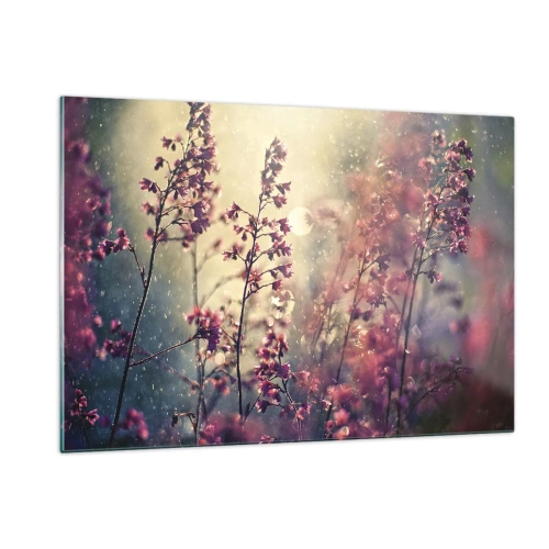 Obraz na szkle - Kwiaty w świetle słonecznym w delikatnym deszczu - 120x80cm - Tajemniczy ogród - Nowoczesna dekoracja ścienna do salonu, kuchni i sypialni ARTTOR