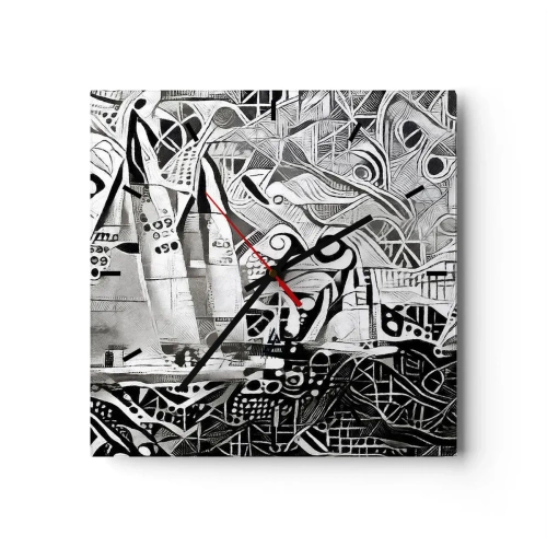 Zegar ścienny - Abstrakcyjne żaglówki w monochromatycznej kompozycji - 30x30cm - Między falami - Nowoczesna dekoracja ścienna do salonu i sypialni ARTTOR