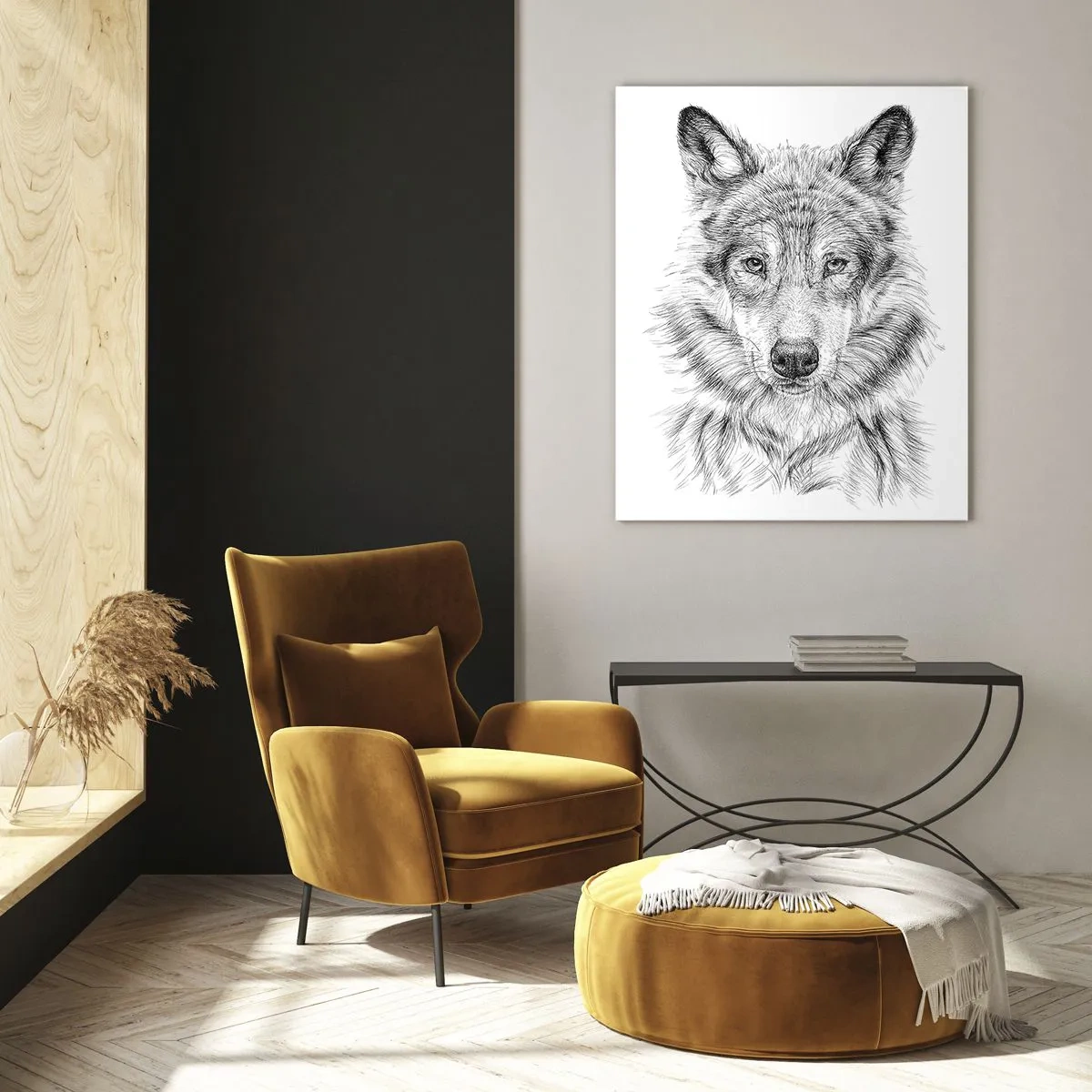 Obraz na szkle - Szkic głowy wilka w monochromatycznym stylu na białym tle - 70x100cm - Urodzony przywódca - Nowoczesna dekoracja ścienna do salonu i sypialni ARTTOR
