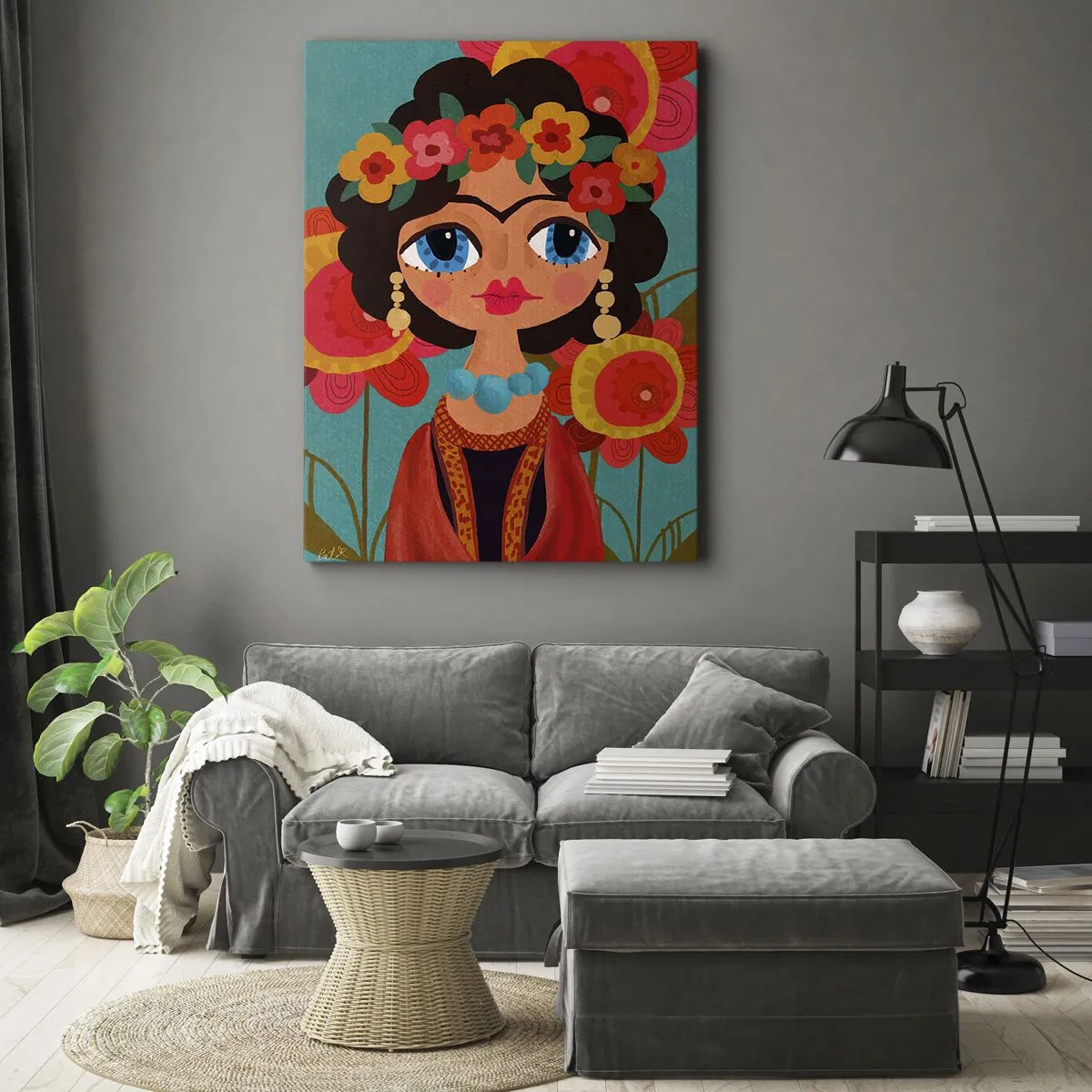 Obraz na płótnie - Kolorowy portret kobiety z kwiatową koroną na tle wzorzystych kwiatów - 50x70cm - Makowa panienka - Nowoczesna dekoracja ścienna do salonu, kuchni i sypialni ARTTOR