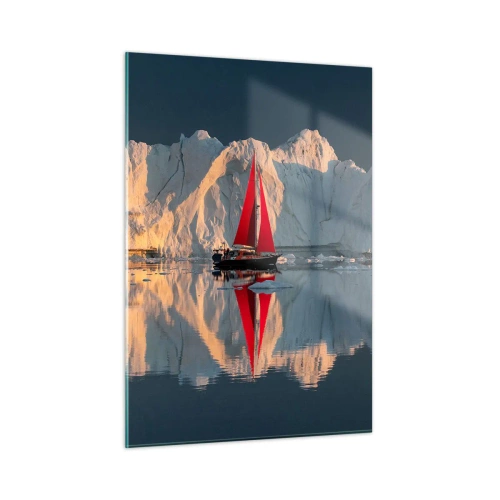 Obraz na szkle - Żaglówka z czerwonym żaglem przy górach lodowych o zachodzie - 50x70cm - Na krańcu świata - Nowoczesna dekoracja ścienna do salonu, kuchni i sypialni ARTTOR