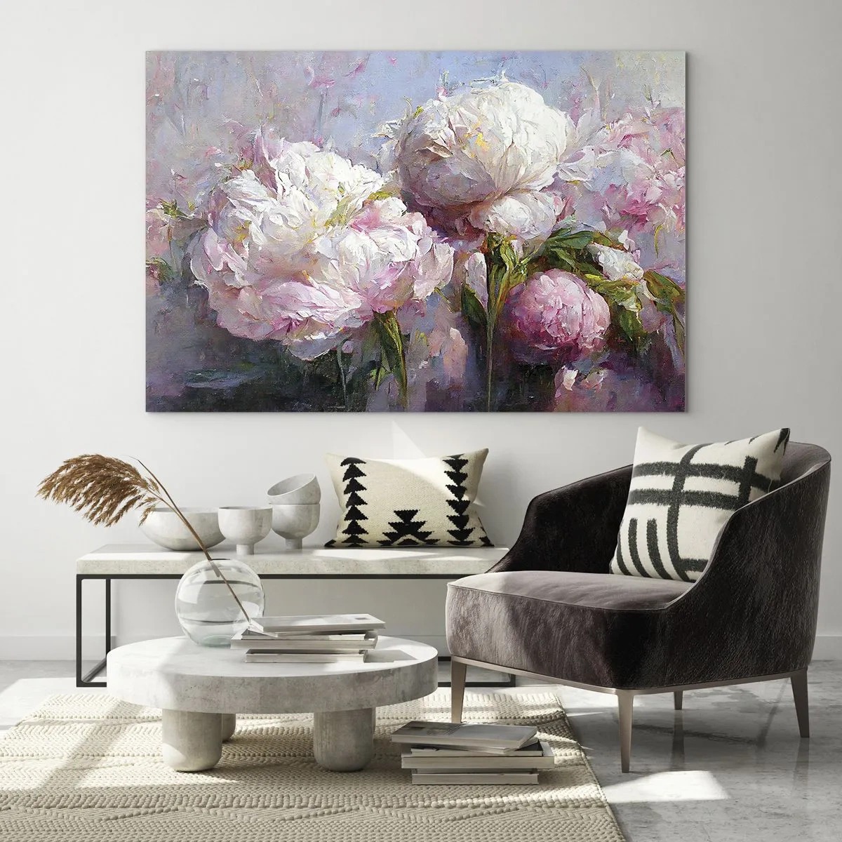 Obraz na szkle - Obraz olejny z rozkwitającymi białymi i różowymi piwoniami - 70x50cm - Kipiący życiem bukiet - Nowoczesna dekoracja ścienna do salonu i sypialni ARTTOR