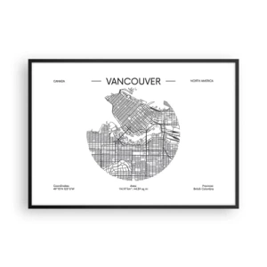 Plakat w czarnej ramie - Mapa Vancouver w minimalistycznym, czarno-białym stylu - 100x70cm - Anatomia Vancouver - Nowoczesna dekoracja ścienna do salonu i sypialni ARTTOR