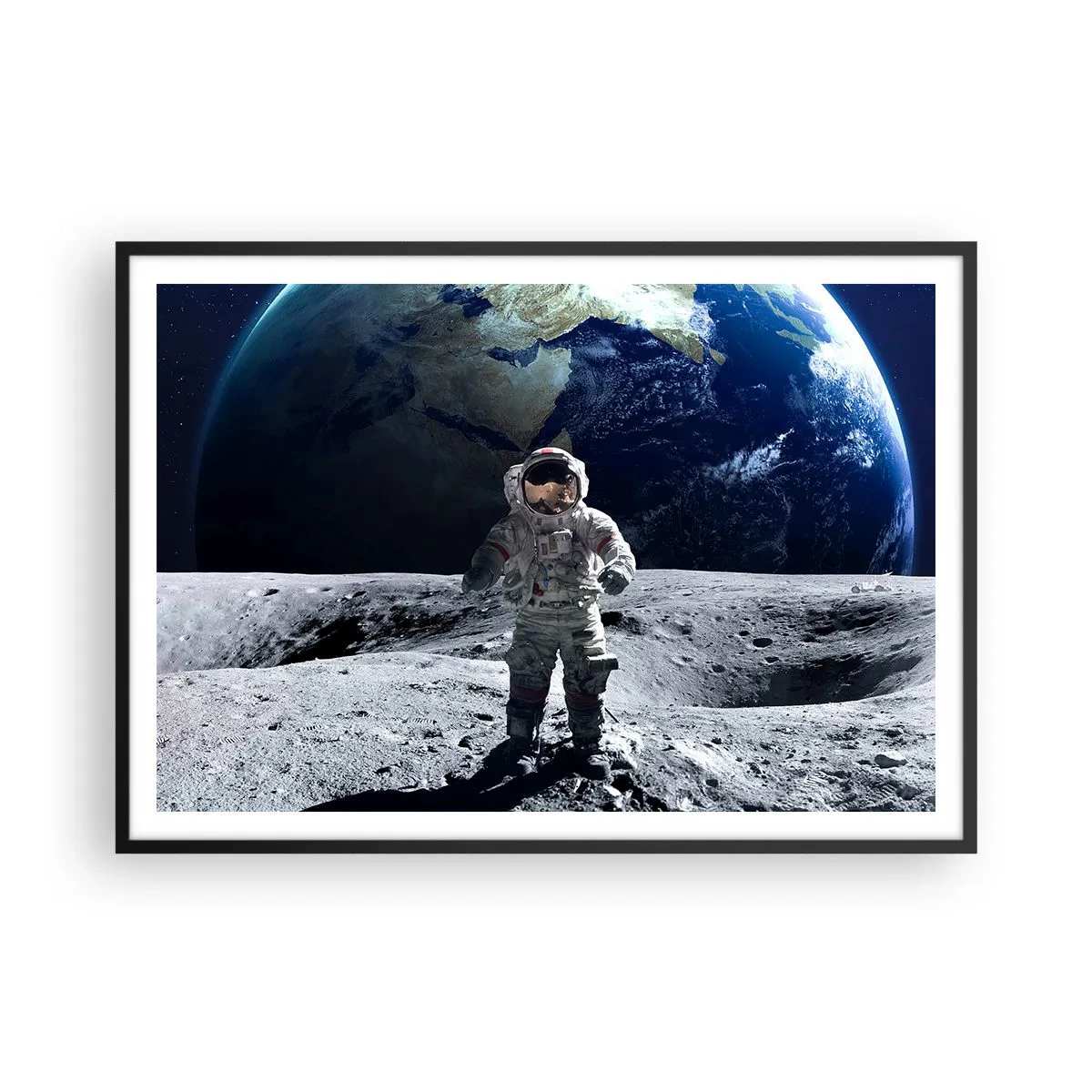 Plakat w czarnej ramie - Astronauta na powierzchni Księżyca z Ziemią w tle - 100x70cm - Pozdrowienia z Księżyca - Nowoczesna dekoracja ścienna do salonu i sypialni ARTTOR