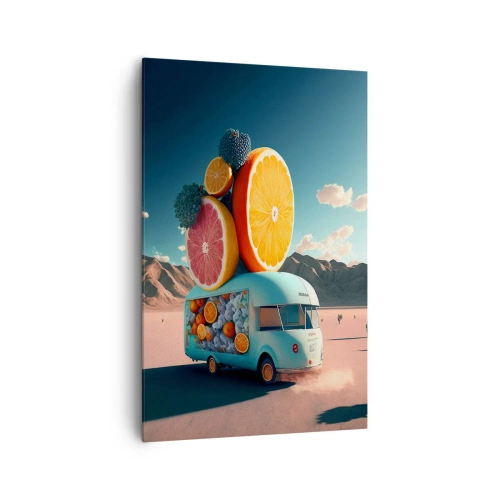 Obraz na płótnie - Furgonetka z owocami w pustynnym krajobrazie - 80x120cm - Smak wakacji - Nowoczesna dekoracja ścienna do salonu i sypialni ARTTOR