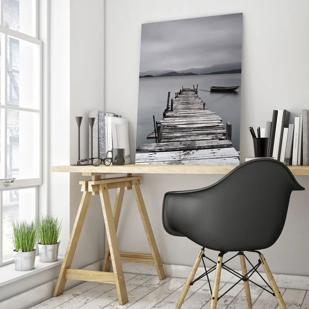 Obraz na szkle - Drewniany pomost prowadzący na spokojną taflę jeziora - 80x120cm - Jutro możesz ruszać - Nowoczesna dekoracja ścienna do salonu i sypialni ARTTOR