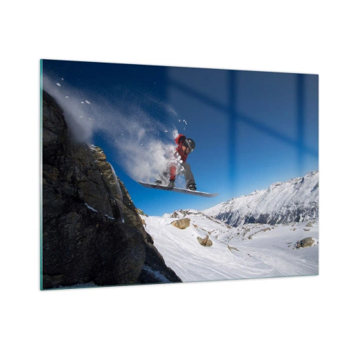 Obraz na szkle - Snowboardzista w skoku na tle górskiej scenerii - 100x70cm - I stałeś się częścią przestrzeni - Nowoczesna dekoracja ścienna do salonu, kuchni i sypialni ARTTOR