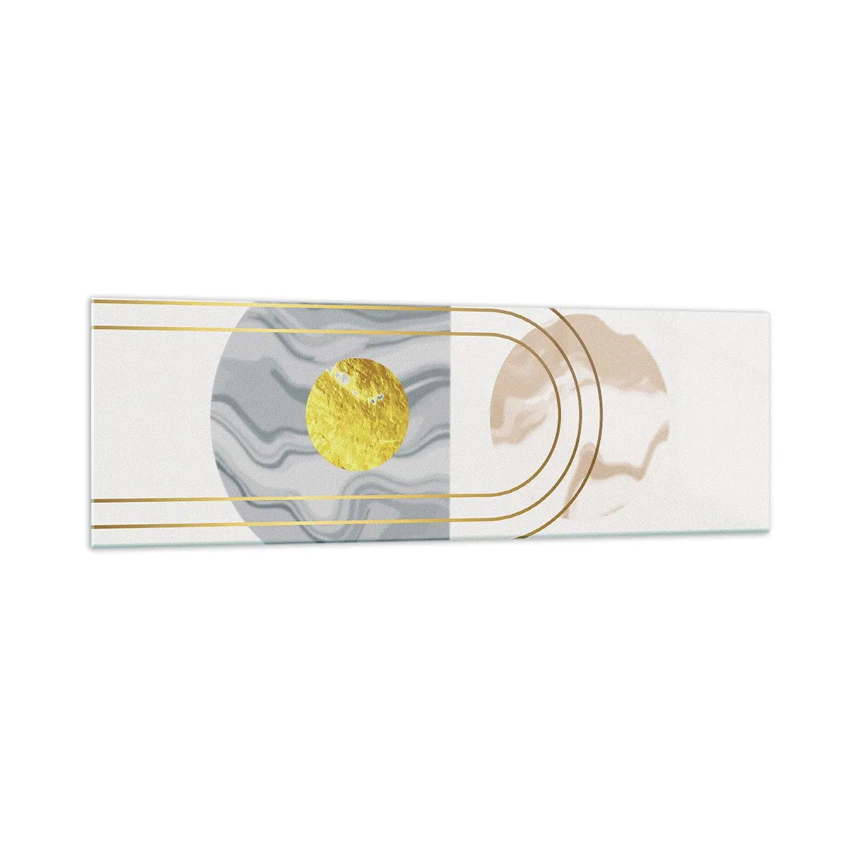 Obraz na szkle - Abstrakcyjna kompozycja z okręgami i złotymi liniami na jasnym tle - 160x50cm - Jasność i blask - Nowoczesna dekoracja ścienna do salonu i sypialni ARTTOR