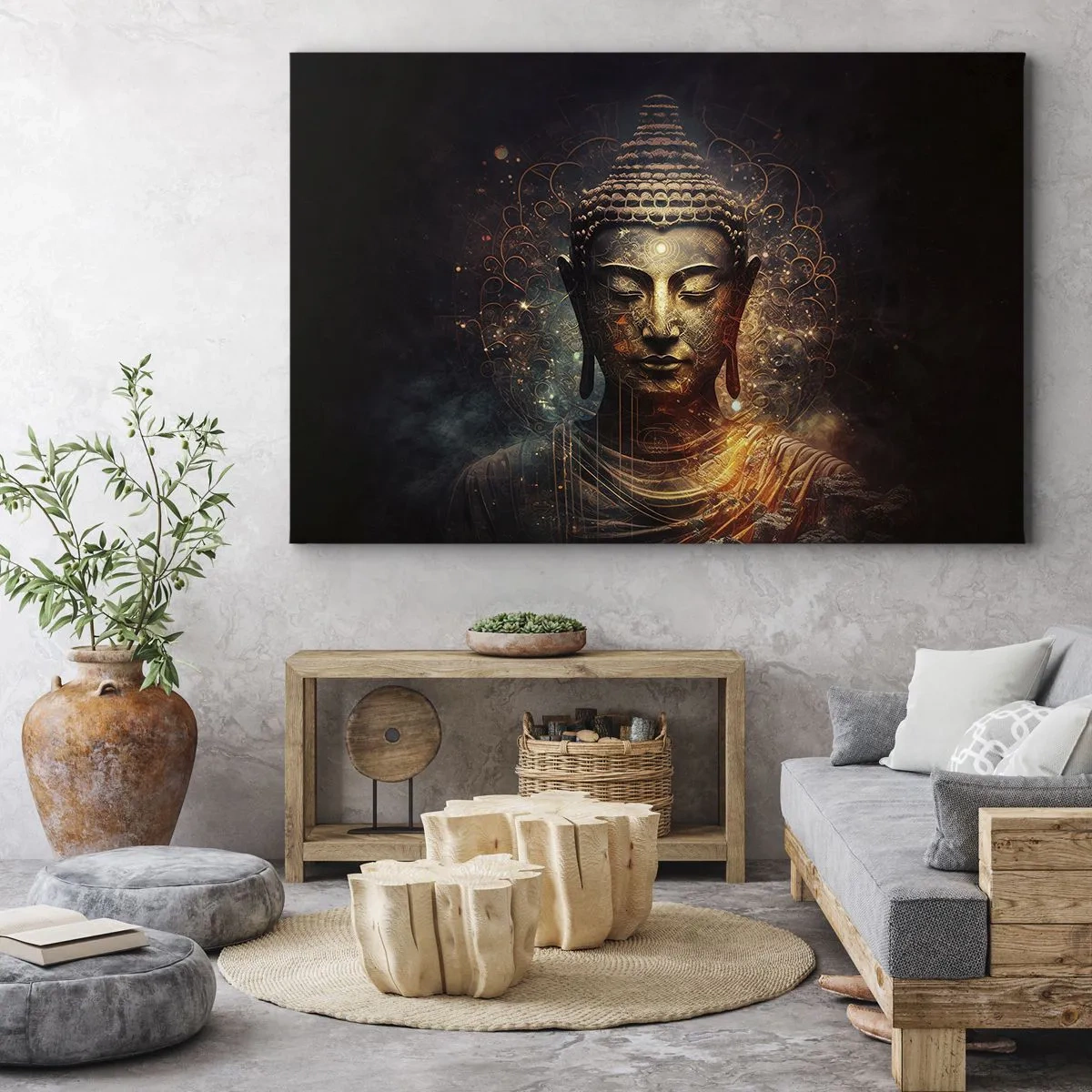 Obraz na płótnie - Złoty Budda na ciemnym tle z ornamentami - 70x50cm - Duchowa równowaga - Nowoczesna dekoracja ścienna do salonu i sypialni ARTTOR