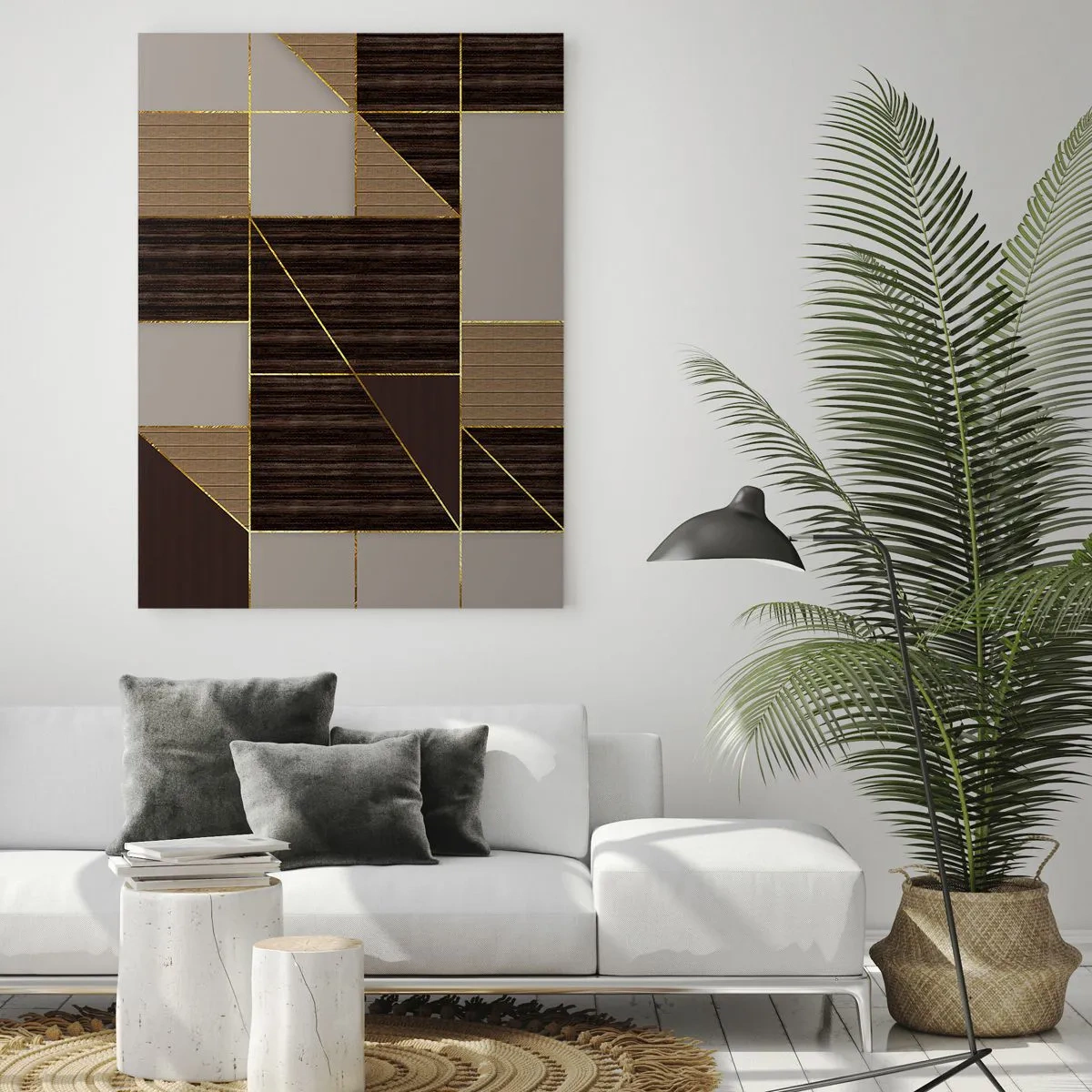 Obraz na szkle - Geometryczne wzory w odcieniach brązu ze złotymi liniami - 80x120cm - Mozaika brązów i złota - Nowoczesna dekoracja ścienna do salonu i sypialni ARTTOR