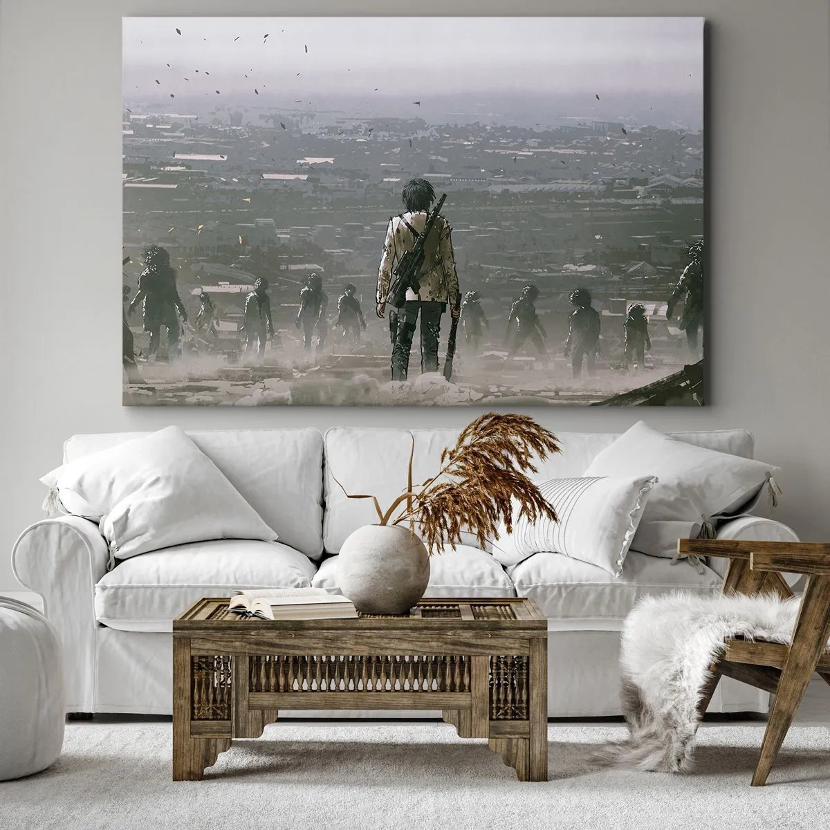 Obraz na płótnie - Postać z bronią stojąca naprzeciw grupy w dystopijnym krajobrazie - 120x80cm - Ostatni sprawiedliwy? - Nowoczesna dekoracja ścienna do salonu, kuchni i sypialni ARTTOR