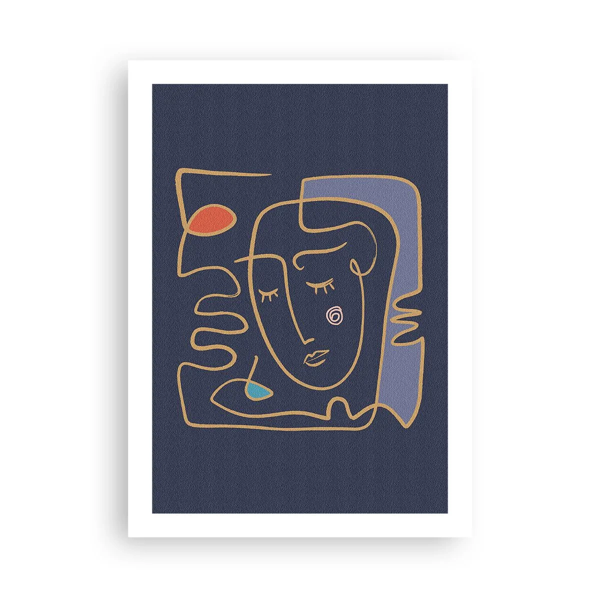 Plakat - Minimalistyczna abstrakcyjna twarz na granatowym tle w stylu line art - 50x70cm - W zamyśleniu - Nowoczesna dekoracja ścienna do salonu, kuchni i sypialni ARTTOR