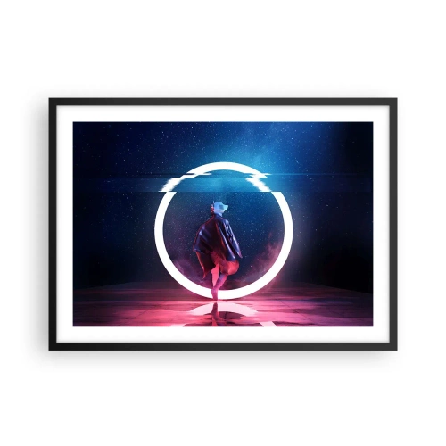 Plakat w czarnej ramie - Postać w futurystycznym otoczeniu z neonowym okręgiem - 70x50cm - Między światami - Nowoczesna dekoracja ścienna do salonu i sypialni ARTTOR