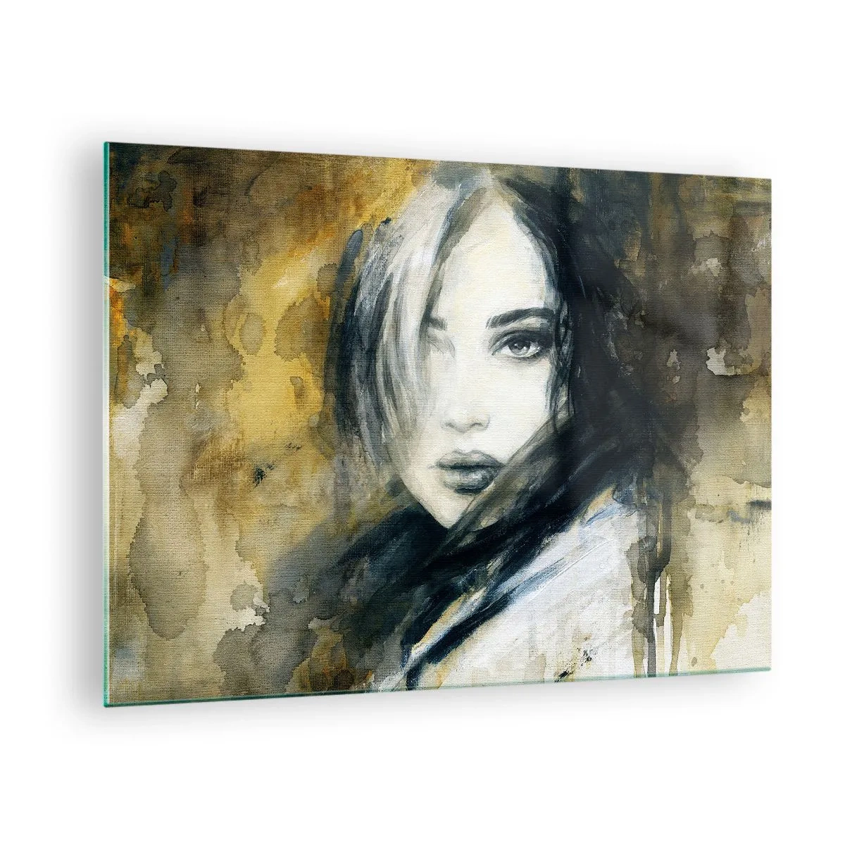 Obraz na szkle - Portret kobiety w akwarelowym stylu - 70x50cm - bardziej niewinna czy zmysłowa? - Nowoczesna dekoracja ścienna do salonu i sypialni ARTTOR